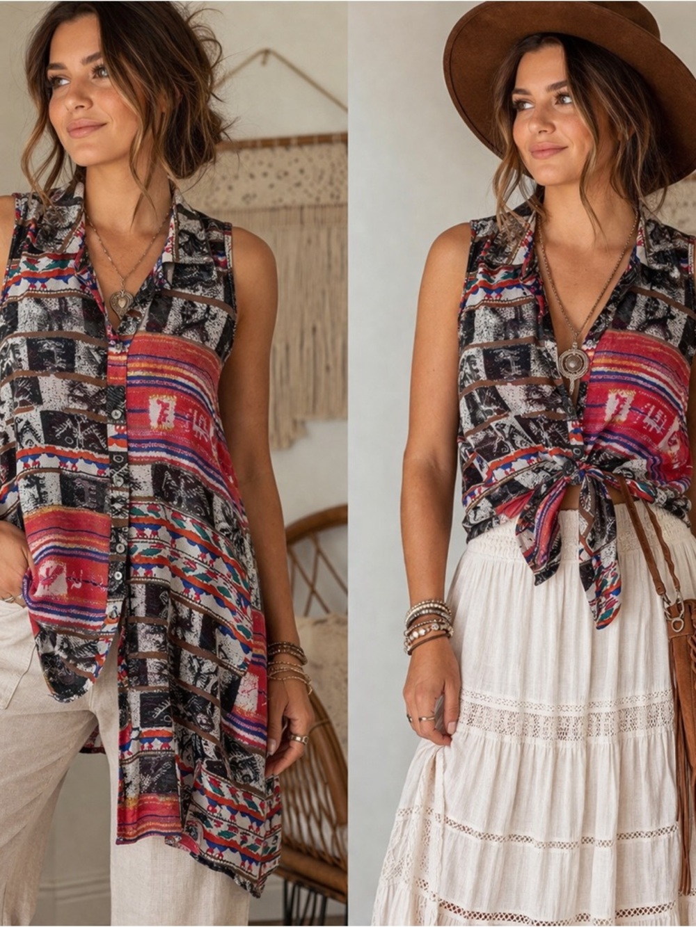 Show Me Your MuMu Multicolor Tribal Print Sleeveless Button Tank Top 05-0192